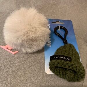 Purse Charms Keychains 1 Green Crochet Hat 1 Gray Initial Pom Pom Keychain TWO